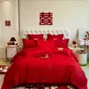 Conjunto de quatro peças para casamento, 100% algodão, vermelho vivo, para camas de noivos, incluindo lençóis e fronhas de edredom, alta qualidade, algodão puro, perfeito para o quarto de recém-casados
