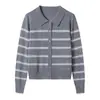 Cárdigan de punto para mujer con cuello POLO color block estilo náutico, rayas azules y blancas, top de cuello solapa para principios de otoño, chaqueta suéter versátil