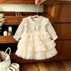 Doce Vestido de Renda em Camadas para Bebês Meninas Estilo Suave de Primavera Vestido Formal Infantil Laço Saia Bufante Meninas