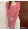 Camisa Base Curta com Gola Quadrada Feminina Cintura Alta Uso Interno Roxo Design de Suéter Top Tricotado para Outono e Inverno