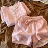 Conjunto de Pijama Rosa Dulce de Encaje Francés para Mujer Verano Cárdigan Manga Corta Pantalones Cortos Conjunto de Ropa para el Hogar