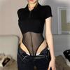 Macacão Sexy Hot Girl Patchwork de Renda com Gola Polo Manga Curta Feminino Outono Novo Slim Fit Versátil Top Tendência
