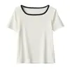 Camiseta de Fibra de Madera Ecológica para Mujer, Cuello Cuadrado Pequeño, Bloques de Color, Corte Ajustado, Manga Corta, Estilo Verano, Almacén Japonés al por Mayor Seda de Hielo