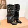Botas negras para mujer con tacón grueso, remaches retro, punta fina, estilo caballero, elegantes, adelgazantes, sexys, dulces y geniales, botas altas con hebilla de cinturón