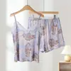 Conjunto de Camisola com Shorts Minaikawa de Alça Fina Sem Manga para Dormir/Lounge com Renda nas Bordas e Suporte Lateral nos Seios para Mulheres