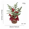 Mini árvore de Natal com base de madeira, pequeno ornamento de galho de pinheiro artificial para mesa com bagas vermelhas e brancas, decoração de mesa de Natal