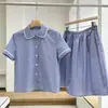 Estilo Nuevo de Verano para Mujer Camisa de Algodón Puro con Logo Decorado Estilo Universitario Cuadros Azules y Blancos Manga Corta Cuello Solapa 12725