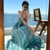 Azul Claro Elegante Vestido de Gola V Feminino Verão Estilo Boho Férias Sexy Costas Nuas Bordado Saia Longa