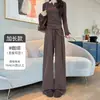 Pantalones de tela de arroz glutinoso grises para mujer, nuevo estilo primavera y otoño 2026, cintura alta, adelgazantes, pierna recta, para personas petite, buena caída, pantalones casuales de pierna ancha