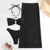 Bikini Negro Puro de Tres Piezas con Cuello Halter y Banda, Traje de Baño Dividido para Mujer 2026 Nuevo Estilo Sexy de Comercio Exterior Transfronterizo Europeo y Americano