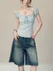 Camiseta Curta Feminina Estilo Francês com Mangas Bufantes e Renda, Verão, Slim Fit e Elegante