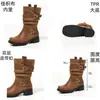Stock de Fábrica Botas Slouch de Punta Redonda sin Cierre para Mujer Botas Slouch de Doble Hebilla de Cuero Tacón Grueso Botas Vaqueras Patchwork Botas de Invierno para Mujer