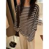 Zhengqite Roupas/Roupas Femininas 25 Novo Estilo Início da Primavera Pulôver Preguiçoso de Gola Redonda Emagrecedor Solto Tricô Listrado Suéter Top