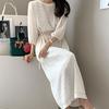 Vestido Largo Elegante de Cuello Redondo para Mujer de Corea del Sur Manga Larga con Cordones Abertura Estampado Estilo Coreano