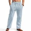 Nuevos Pantalones Casuales de Lino de Verano Finos con Cordón Rayas Verticales Rectos Transpirables Largos Casuales para Hombre