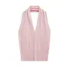 Chaleco Cardigan de Punto con Cuello Halter para Mujer Verano 2025 Nuevo Estilo Sexy Americano Color Sólido Cuello en V Chaleco de Botones