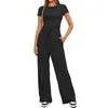 2026 Amazon estilo europeo y americano simple cuello redondo manga corta cordón pierna ancha pantalones casual conjunto de dos piezas para mujer en stock