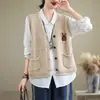 Chaleco de punto 100% algodón para mujer, nuevo de principios de otoño 2024, vintage, artístico, versátil, sin mangas, cuello en V, prenda de abrigo