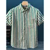 Camisa Casual de Manga Curta para Jovens no Verão, Seda Gelada Respirável, Sem Amassar, Camisa Elegante de Manga Curta com Base Listrada para Cabeleireiros