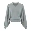 Suéter de punto estilo perezoso con cuello en V y mangas murciélago, nueva colección de otoño, color liso versátil, corte holgado, mangas largas, cintura ajustada, estilo jersey, para mujer