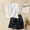 Conjunto de Camiseta de Manga Curta de Algodão e Linho para Mulheres Plus Size Mãe Moda de Verão Fashionável Elegante Shorts Retrô de Algodão e Linho Conjunto de Duas Peças