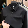 Camisa polo masculina de algodão e linho texturizado de manga longa, camisa casual de negócios para primavera e outono com gola de lapela, roupa masculina solta e respirável