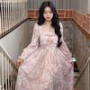 Dulce Vestido de Princesa Hada Floral Francés, Cuadrado de Primavera y Otoño, Temperamento de Gama Alta, Falda con Lazo Entallada a la Cintura para Dama