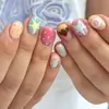 Uñas Postizas Cuadradas Cortas Macaron Dopamina con Diseños de Estrellas, Lunares, Pastel y Flores, Lindas Uñas Falsas Estilo Coreano