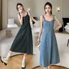Foto Real de Falda de Peto de Mezclilla, Vestido de Longitud Media para Mujer, Azul Oscuro, Azul Claro, Gris, Retro, Nostálgico, Otro