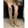 Botas Acima do Joelho para Mulheres, Duas Formas de Usar, Circunferência Grande do Cano, Novidade Outono/Inverno 2025, Botas Plissadas de Camurça com Bico Fino e Salto Agulha