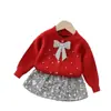 Conjunto de Dos Piezas de Suéter Infantil Ropa para Niñas Conjunto de Punto Falda Bebé Niña Lentejuelas Lazo Cárdigan Chaqueta Conjunto de Manga Larga
