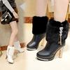 Botas Cortas Peludas Nuevas de Invierno, Botas de Nieve Cálidas, Tacones Altos para Mujer, Tacones Gruesos, Botas de Plataforma Impermeables, Botas para Mujer con Borla de Pedrería