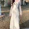 Vestido longo de renda branca com retalhos, estilo social transfronteiriço, manga longa, decote V, para mulheres, outono, justo na cintura, bodycon