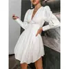 Comércio Exterior Transfronteiriço Europeu e Americano Roupas Femininas: Vestido-camisa elegante e estiloso de manga longa com gola V, acinturado com pregas e mangas bufantes