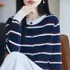 Cárdigan de punto a rayas color block estilo coreano, suéter de otoño e invierno para mujer, prenda exterior corta, algodón puro, cuello redondo, top versátil
