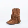 2026 Nuevo Estilo Botas Americanas con Borlas Botas de Vaquero Occidentales Botas de Media Pantorrilla Hebilla Cinturón Botas de Caballero Punta Fina Tacón Grueso Botines para Mujer