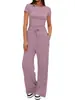 2026 Amazon estilo europeo y americano simple cuello redondo manga corta cordón pierna ancha pantalones casual conjunto de dos piezas para mujer en stock