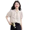 Camisa Chiffon de Manga Curta com Bolinhas, Laço e Fita para Mulheres, Novo Estilo Francês Verão 2026, Elegante e Fresca