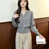 Suéter básico de tricô com gola V e cintura cruzada, de manga comprida, para mulheres, novo estilo outono/inverno, peça íntima elegante, top suéter que afina