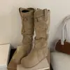 Botas Birkenstock de Plataforma Retro con Tacón Alto para Mujer 2026 Otoño/Invierno Nuevo Estilo Botas de Tacón Fruncidas Adelgazantes Botas de Montar con Hebilla de Cuero