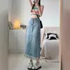 Falda Midi de Mezclilla Dividida con Borlas Vintage para Mujer Otoño 2024 Nueva Cintura Alta Ajustada Degradada Línea A