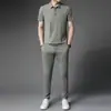 Traje deportivo de running con sensación de hielo 2023 para hombre, verano, fino, seda de hielo, cuello de solapa, camiseta, traje casual para hombre, venta al por mayor