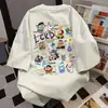 Camiseta Manga Curta Estampada de Desenho Marca de Tendência Nacional Peso Pesado para Mulheres Verão 2025 Estilo Hip-Hop Streetwear Top Solto