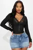 Bestseller transfronterizo europeo y americano, top corto de encaje puro y seductor con cuello en V y manga larga, con lazo, ajustado y que realza la figura, camiseta básica