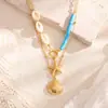Collar de Acero de Titanio Transfronterizo Yuhui, Cadena de Empalme de Concha Estilo Océano, Estilo Doble Capa para Apilar, Collar de Acero Inoxidable Chapado en Oro Real