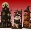 Productos de madera populares para ventas transfronterizas: Adornos de madera de Halloween, incluyendo un muñeco de nieve, una casa embrujada y una calabaza - un juego de tres adornos de madera