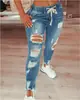 Jeans Elásticos de Cintura Alta para Mujer 2023 Amazon Aliexpress Transfronterizos Europeos y Americanos Pantalones de Pierna Estrecha con Cordones Rotos
