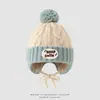 Gorro de invierno para niños, gorro de punto con etiqueta SMILE, protección para las orejas, pompón, gorro de punto cálido, gorro tipo pullover a prueba de viento para niños de mediana edad
