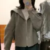 Casaco de lã cinza com gola marinho, corte slim, curto, feminino, outono inverno, estilo preguiçoso, jaqueta tipo xale, lapela grande, jaqueta de lã