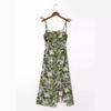 Vestido Midi Estampado Elegante Commuter Verde Estampado Sexy Abertura Cintura Alta Sexy Vestido de Tirantes